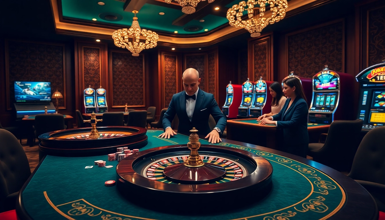 Tỷ lệ nhà cái displayed in a luxurious casino setting with poker chips and roulette wheel.