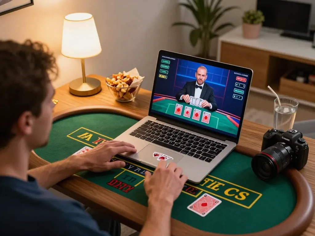 Engaging in live baccarat on laptop at home for https://tx88at.com/ with snacks and relaxing atmosphere