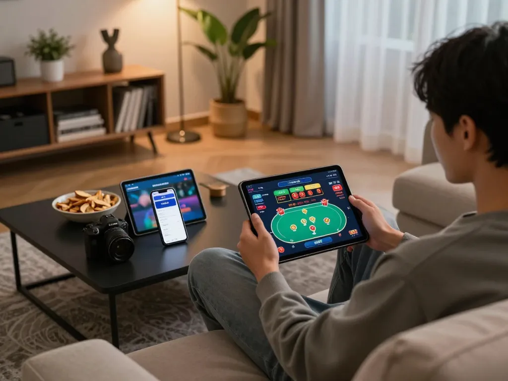 Player engaging with ww88 online casino on tablet while enjoying a cozy home gaming evening.
