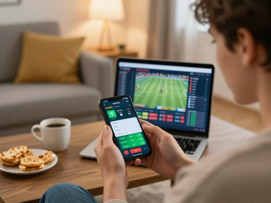 Engaging with live sports betting on https://f1686s.com/ using a smartphone in a cozy living room.