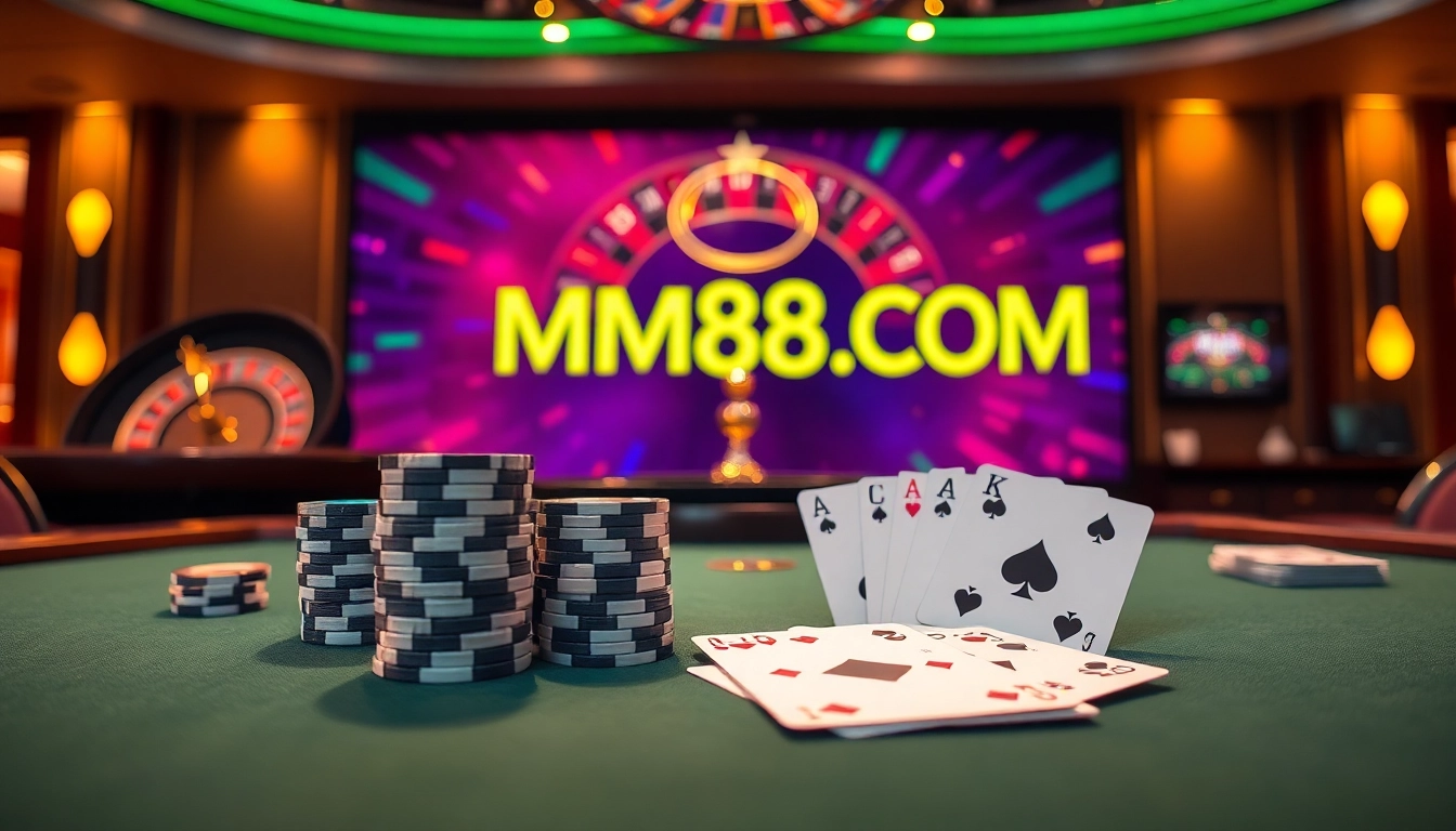 Engage with thrilling gameplay at MM88 COM, featuring poker chips and cards on a vibrant casino table.