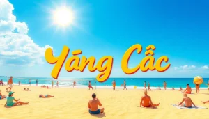 Nắng Cực beach scene with sunbathers and swimmers enjoying extreme sunlight.