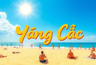 Nắng Cực beach scene with sunbathers and swimmers enjoying extreme sunlight.