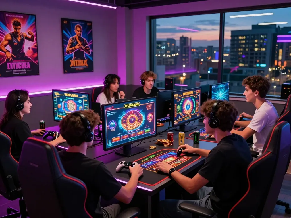 Friends enjoying games on 789club platform in a vibrant gaming scene
