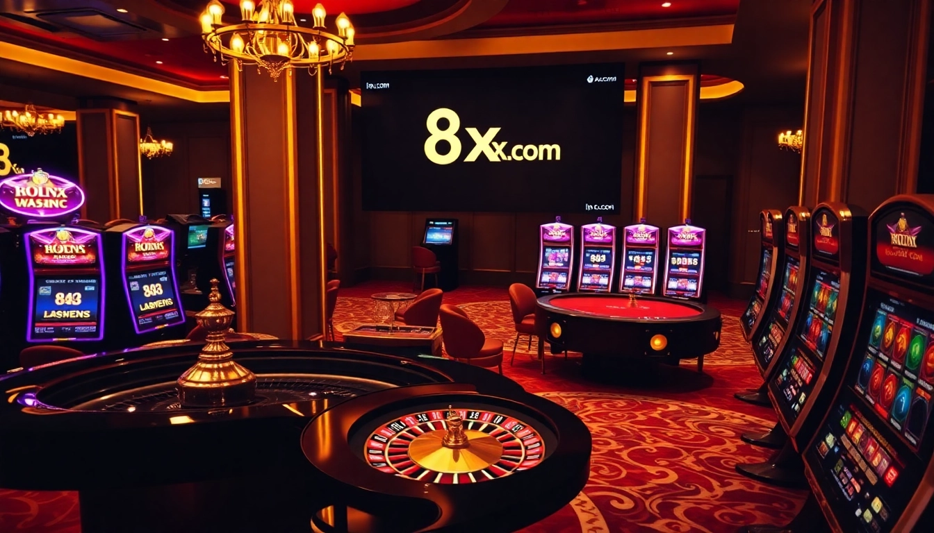 Experience thrilling gameplay at 8xx.com with vibrant casino scenes filled with poker tables and roulette wheels.