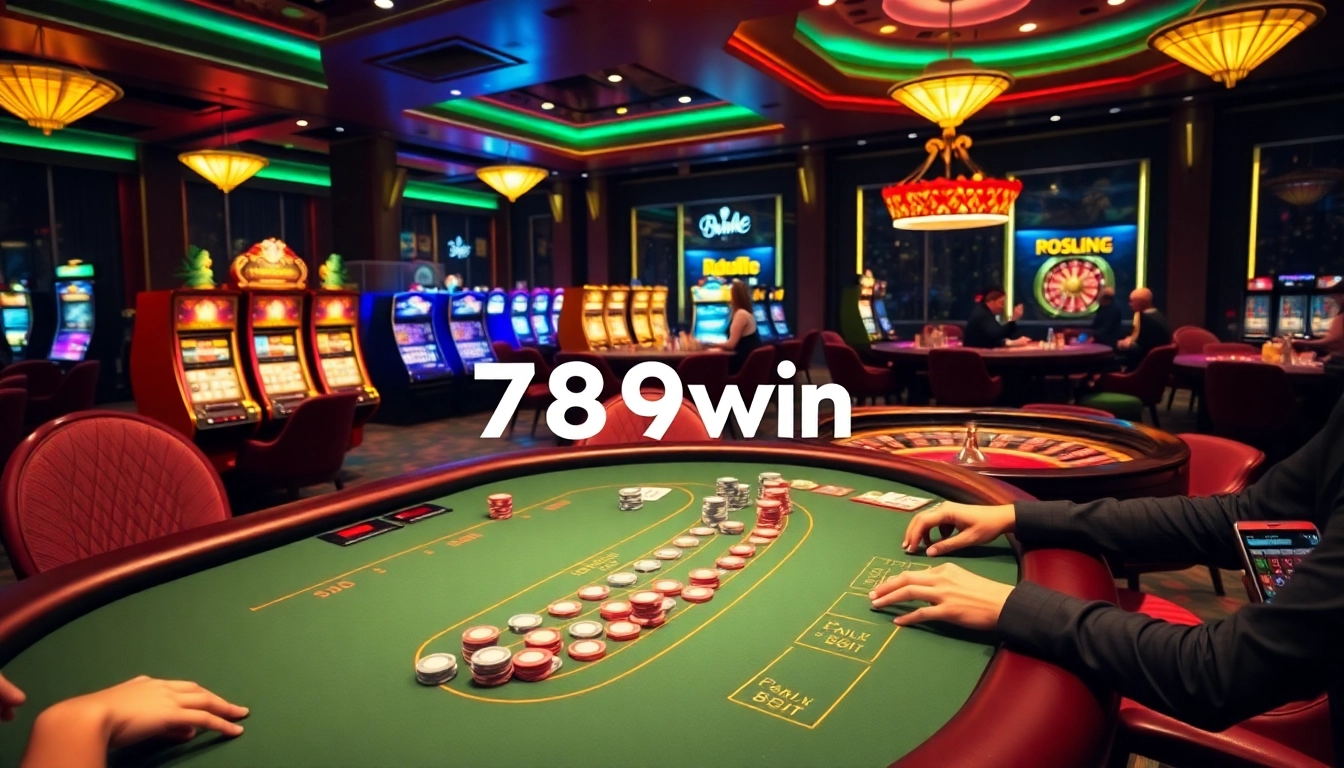 Players enjoying blackjack at a vibrant casino scene, showcasing 789win excitement with colorful chips and cards.