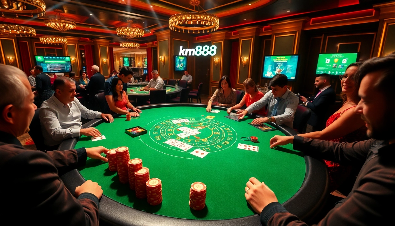 Players engaging at a km888 blackjack table in a luxurious casino setting with vibrant colors.