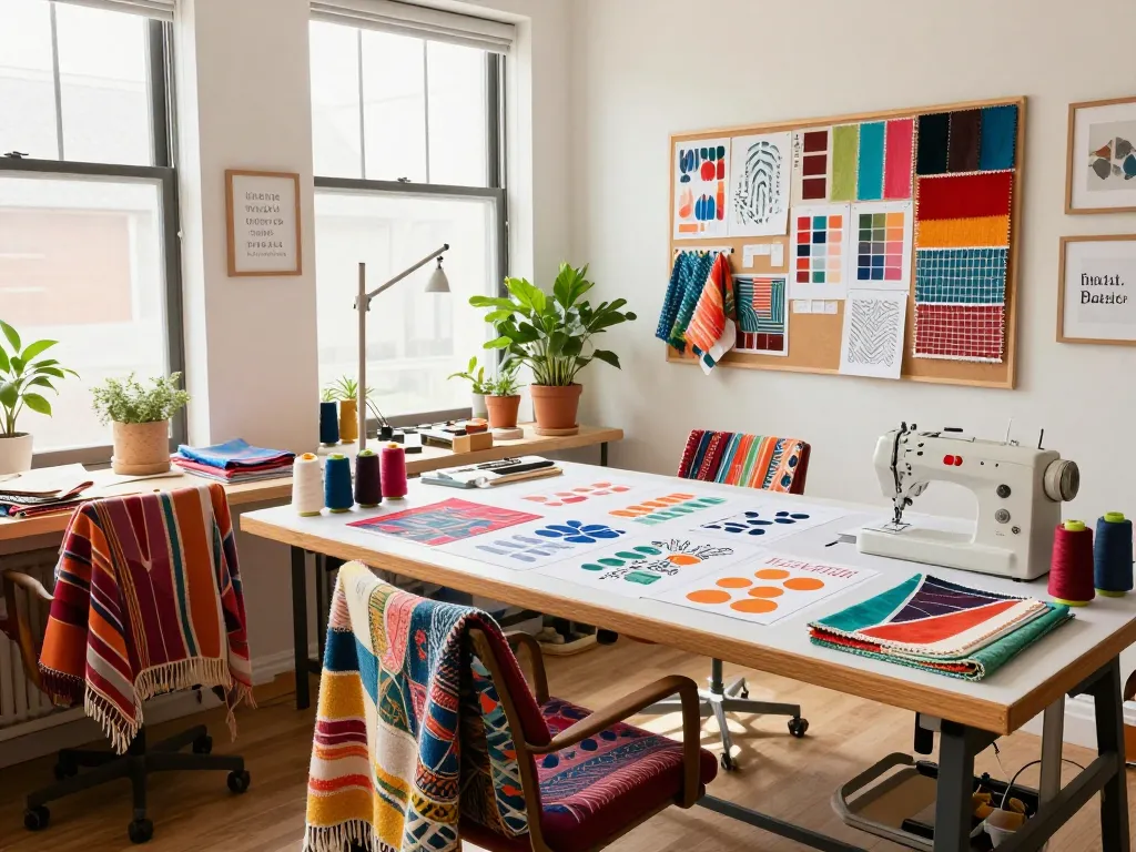 Sunwin's textile design studio showcasing vibrant fabrics and creative tools, highlighting innovative home textile concepts.