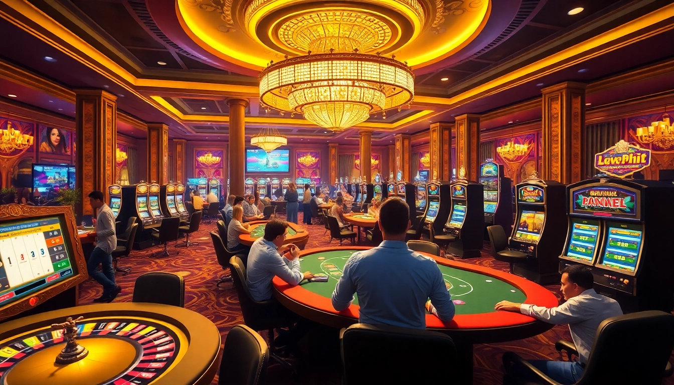 A vibrant casino scene featuring players at tables and slot machines with the keyword newphim integrated into the design.