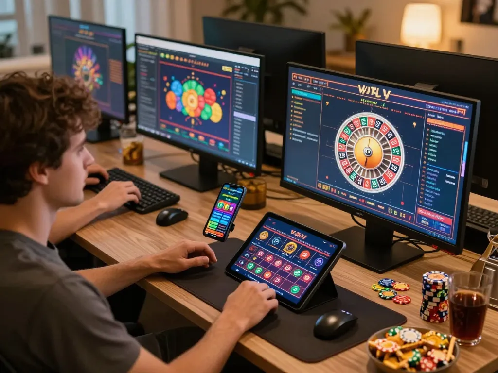 Engaging in online gaming at home with hay win app on multiple screens, cozy atmosphere featuring snacks and drinks