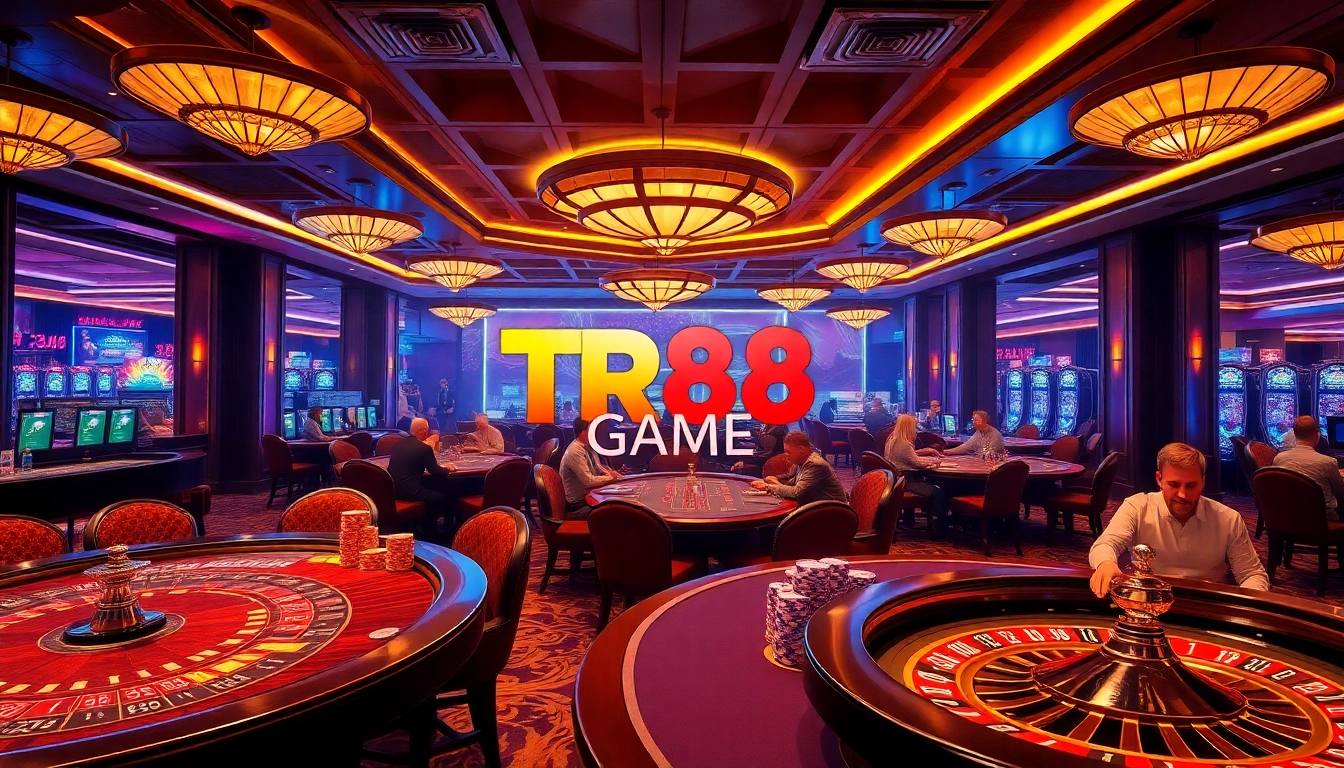 Experience the thrill of the TR88 Game with vibrant casino visuals featuring gaming tables and slots.