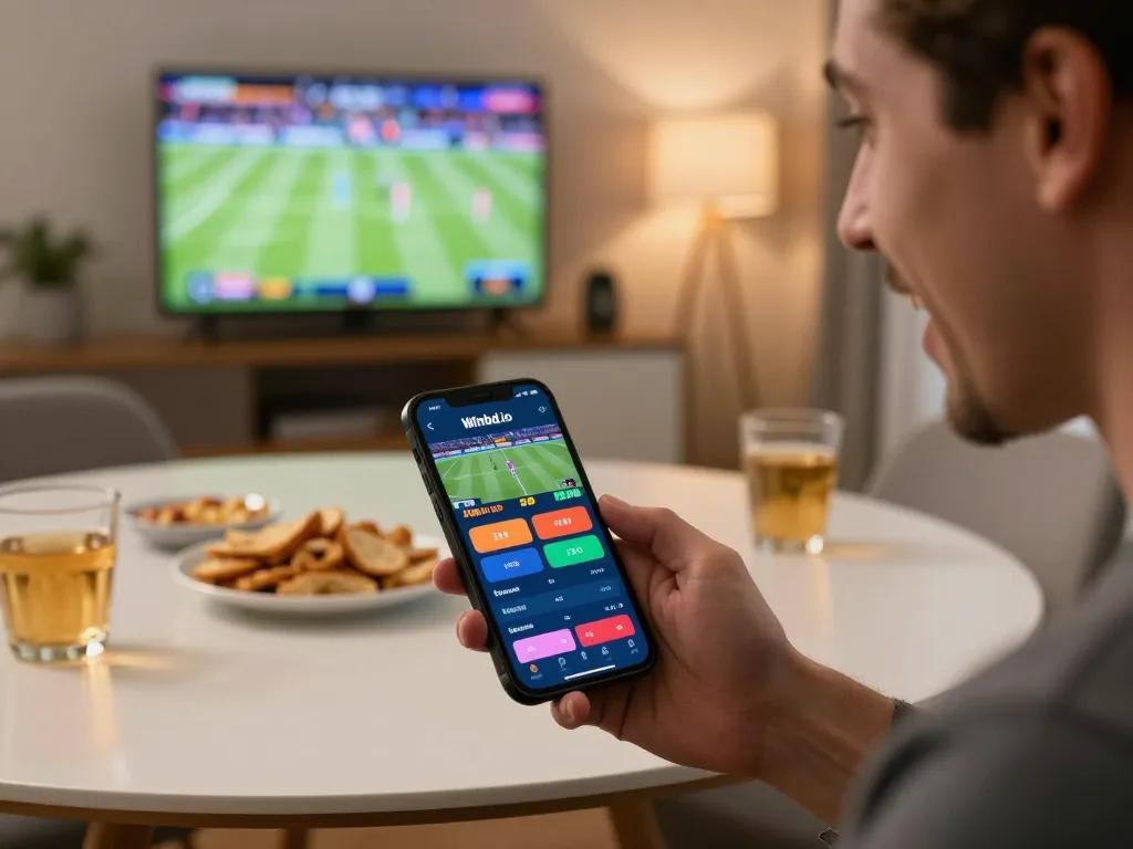 Excited user analyzing sports betting on Winbd.io app in cozy home setting, reflecting strategic engagement.