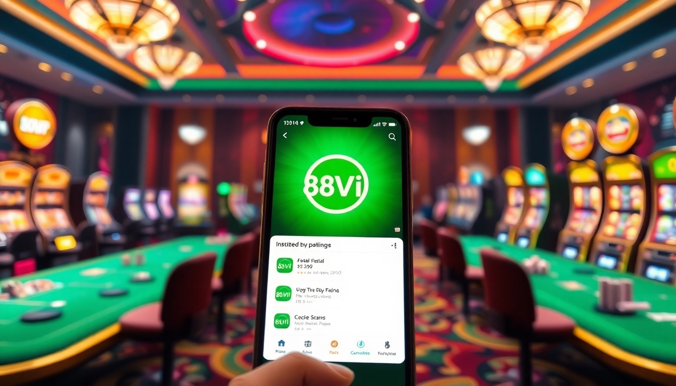 Tải App Nhà Cái 68VIP installation on a luxurious mobile device amidst an engaging casino atmosphere.