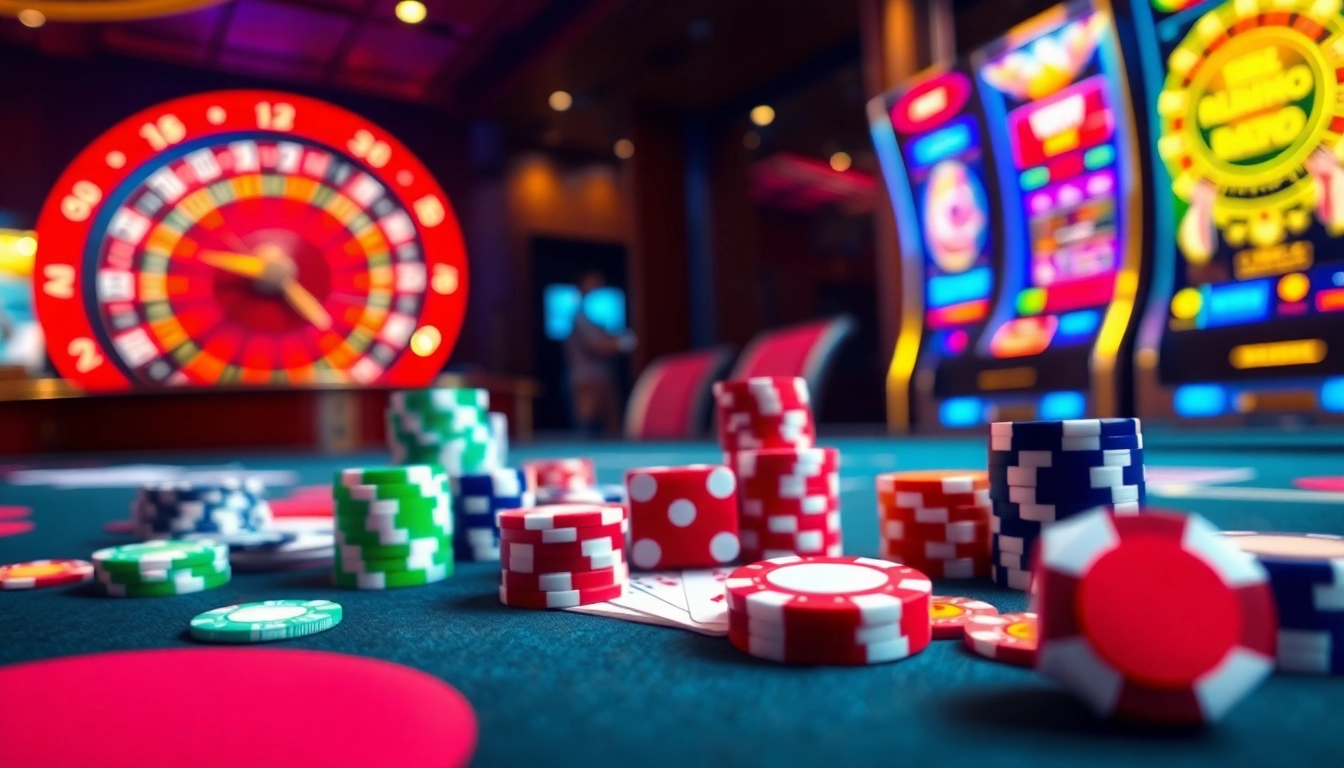 Engaging scene of casino excitement with win678 game elements featuring poker chips and cards.