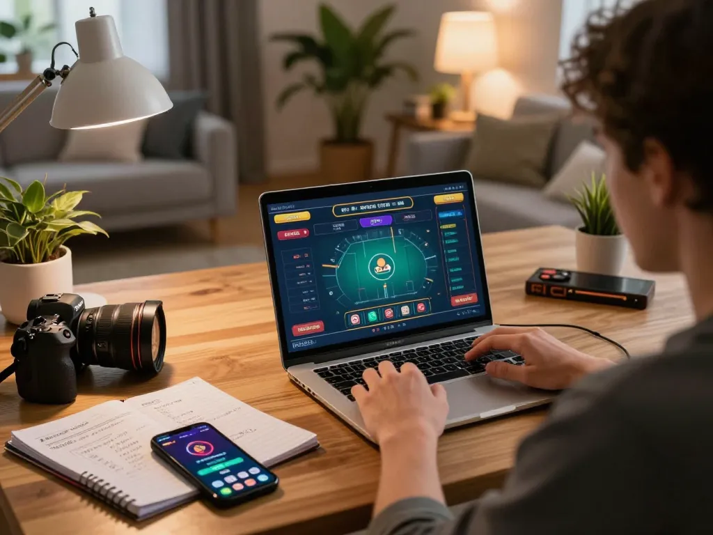 KJC user engaged in online gaming strategy at home with laptop and gaming notes.