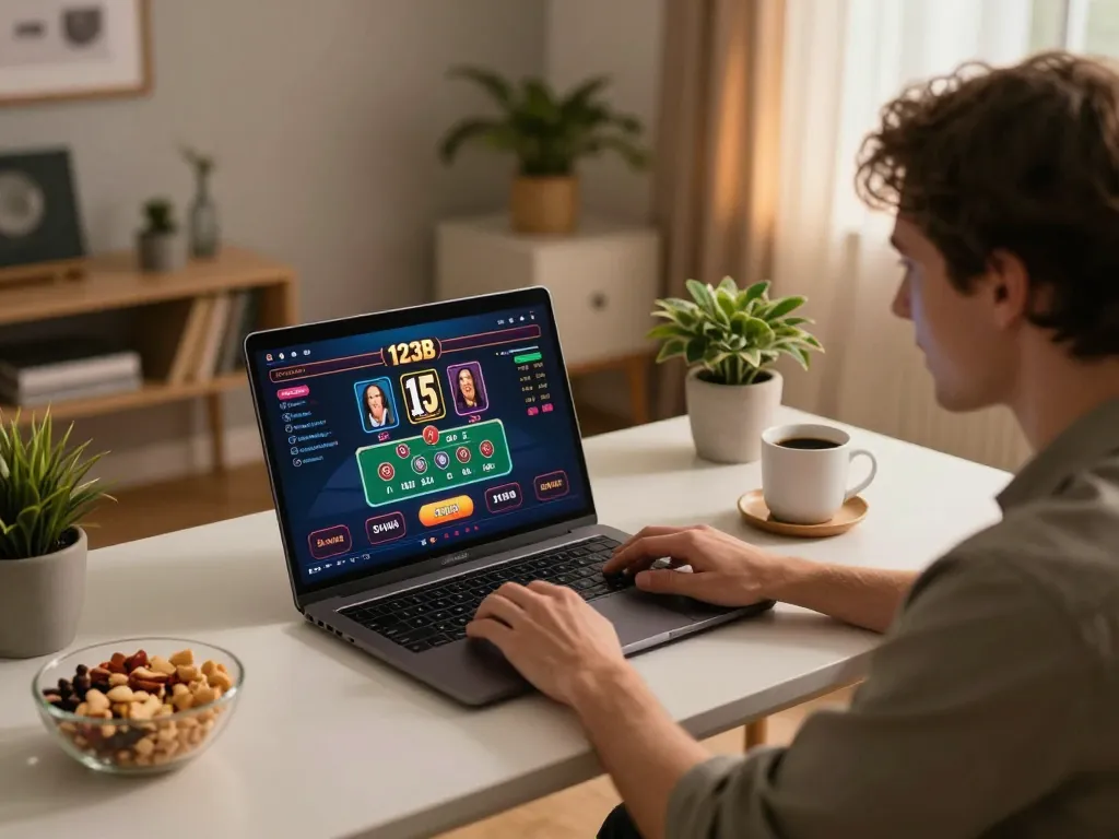 Player engaging in 123B online casino gaming at home office, laptop displaying poker interface