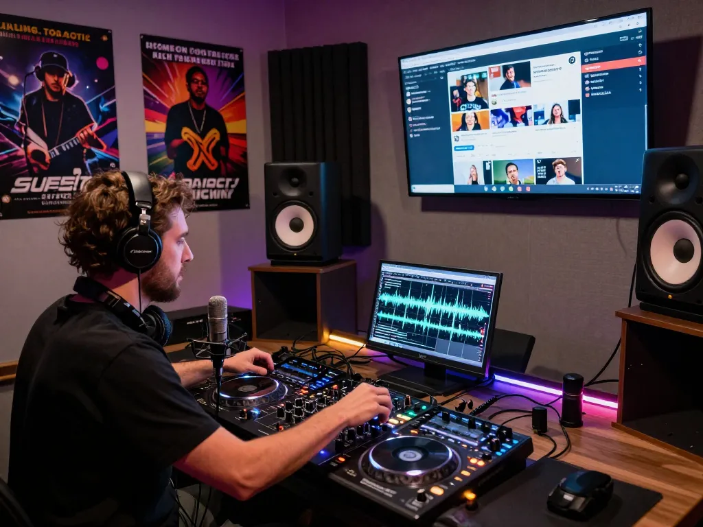 8Day DJ artist mixing tracks in a vibrant electronic music studio