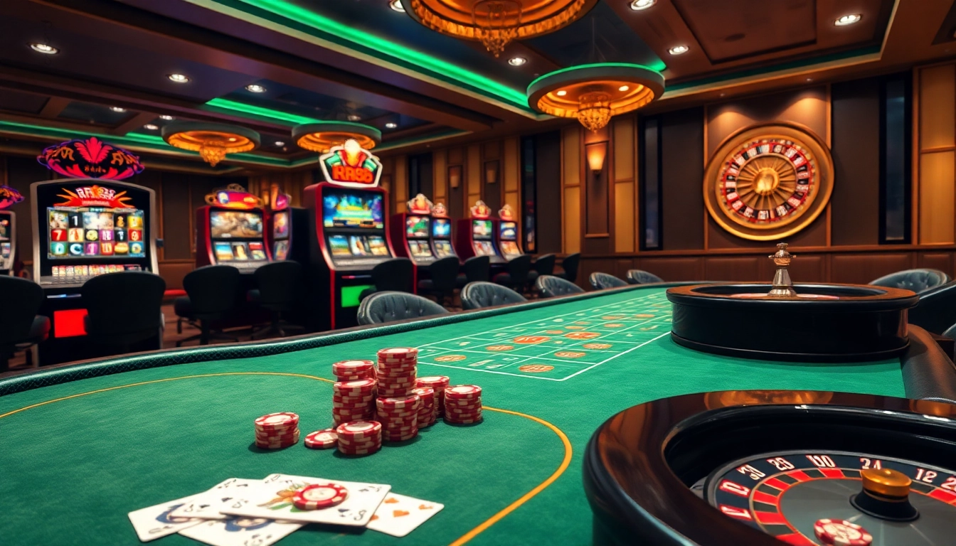 RR88 online casino interface with elegant poker tables and vibrant slot machines.