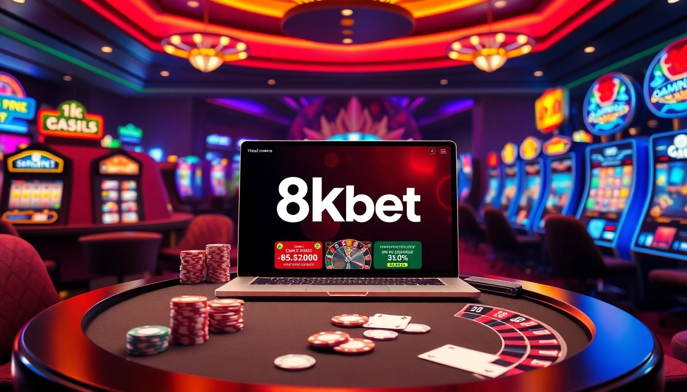 Experience the excitement of online gambling at https://8kbet.insure/ with an inviting casino scene featuring vibrant gaming elements.