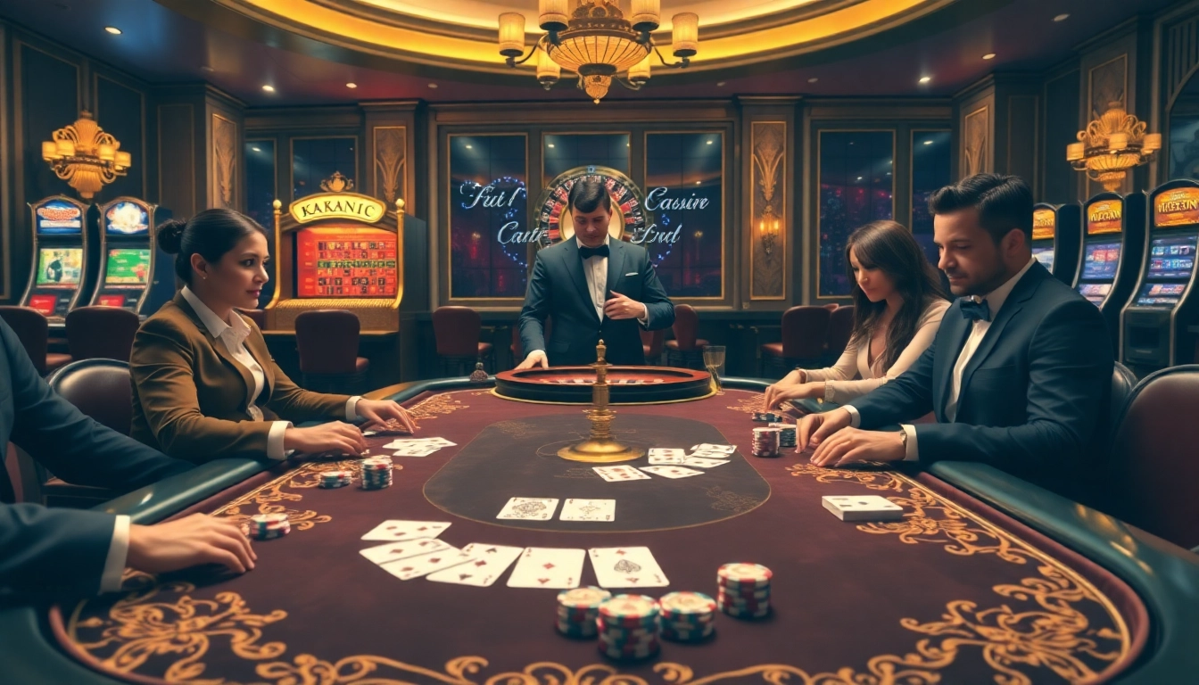 Engaged players at the kkwin poker table in a luxurious casino setting.