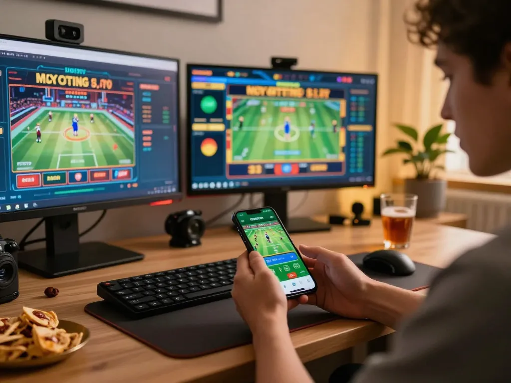 Engaging in sports betting with FB88 on a smartphone in a cozy home gaming setup.