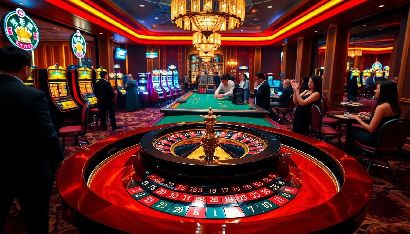 Engaging players at a luxurious dh88 themed roulette table amidst a vibrant casino environment.