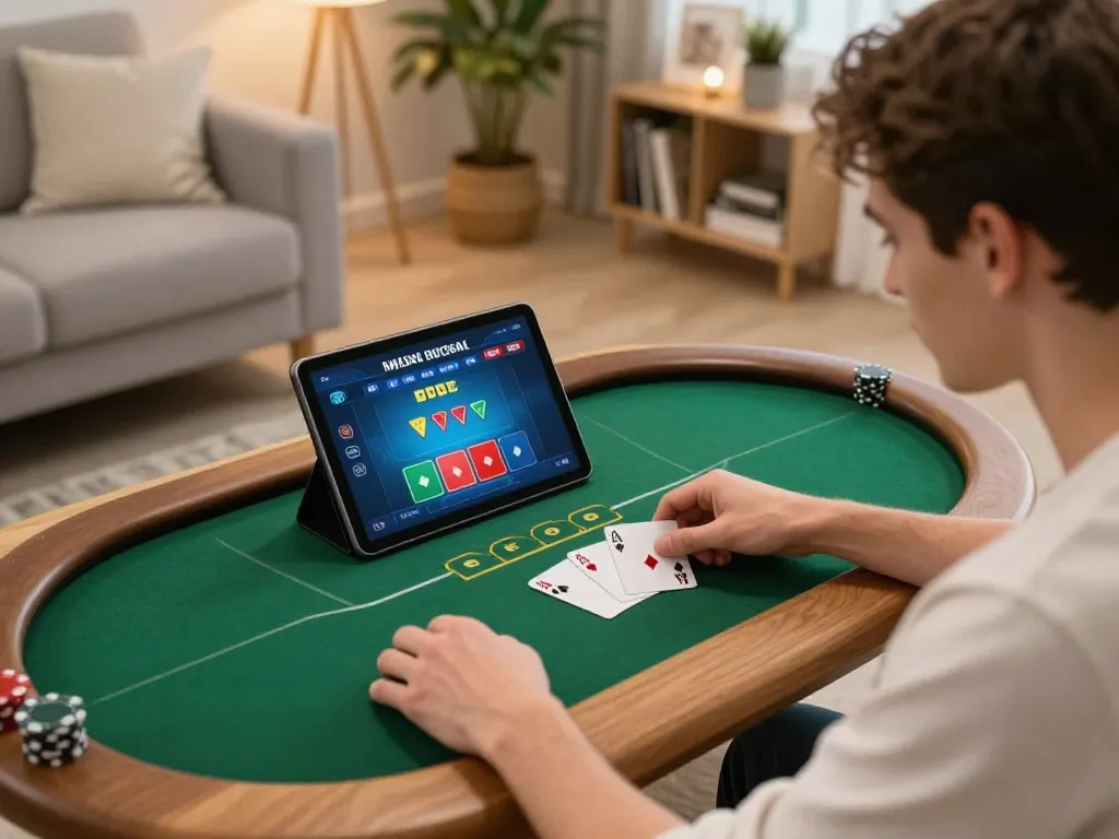 Player enjoying online poker on a tablet while relaxing at home, showcasing the exciting experience with Au88.