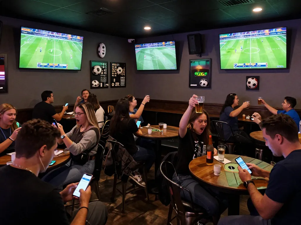Engaged fans following kết quả bóng đá in a lively sports bar atmosphere while placing bets