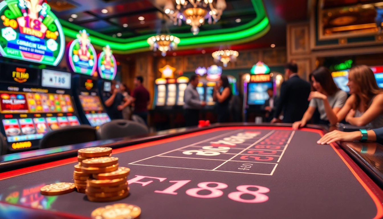 F168 casino table with vibrant gameplay, luxurious decor, and enthusiastic players engaging.