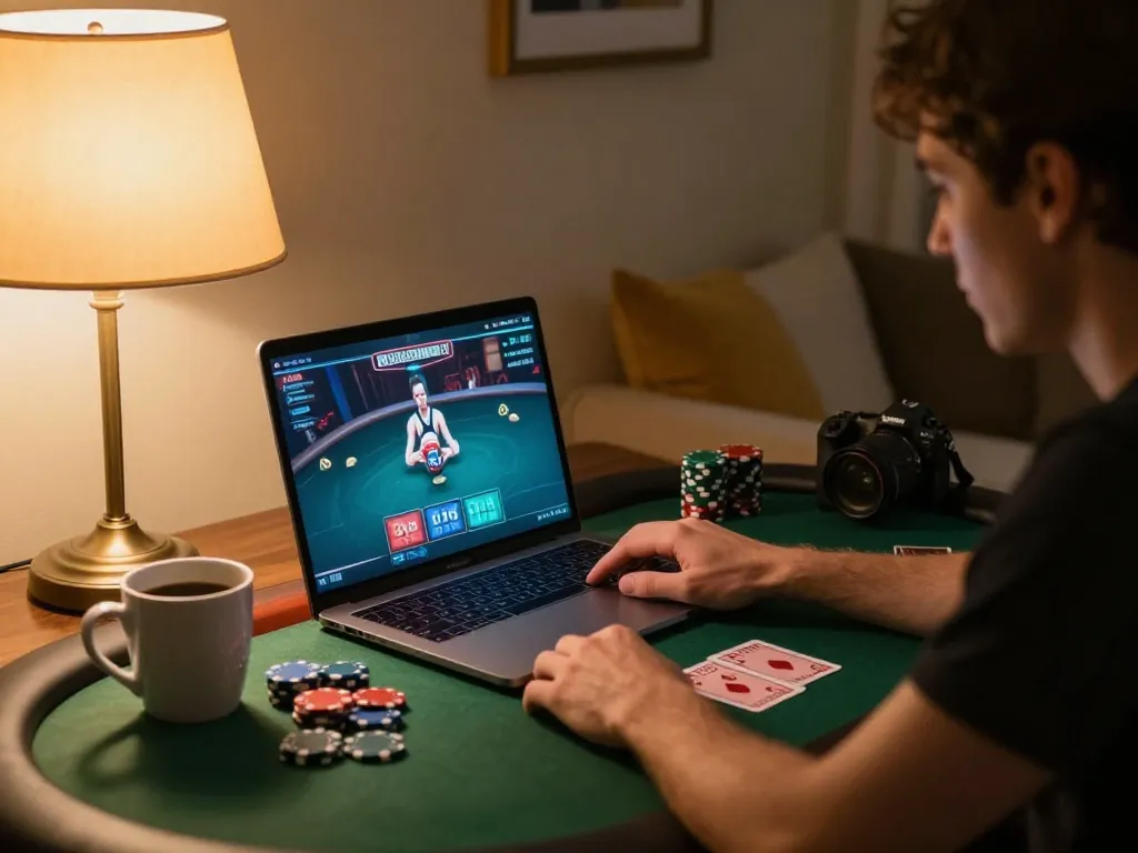 Player focused on online poker gaming at go8s.bio's platform in a cozy home setup.
