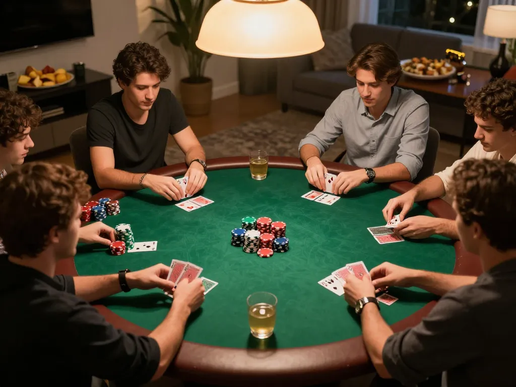 Poker players strategizing with chips and cards at home during an engaging game night, showcasing sc88.