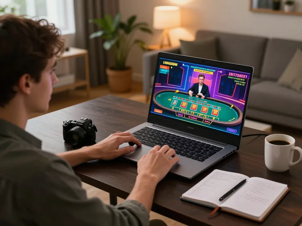 Player engaging with kp88's online casino games on a laptop in a cozy home setting