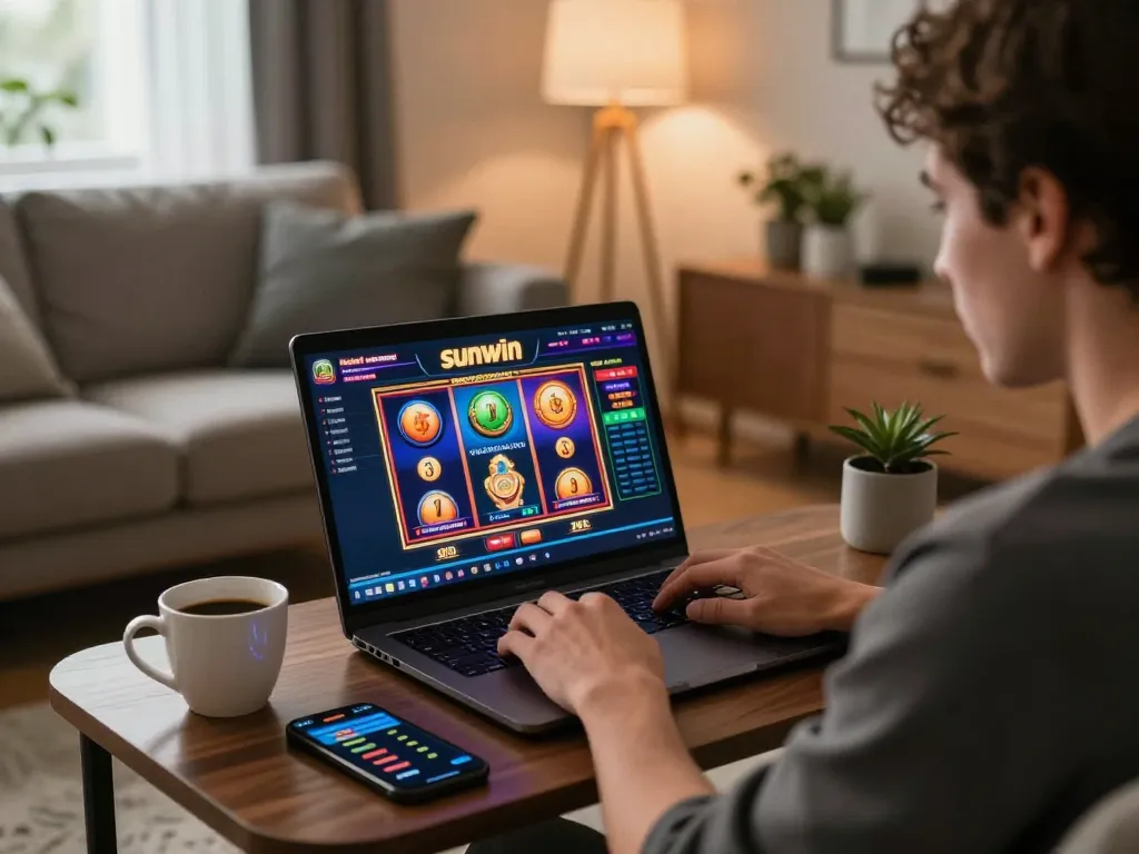 Engaging online gaming with sunwin interface displayed on laptop during cozy home session.