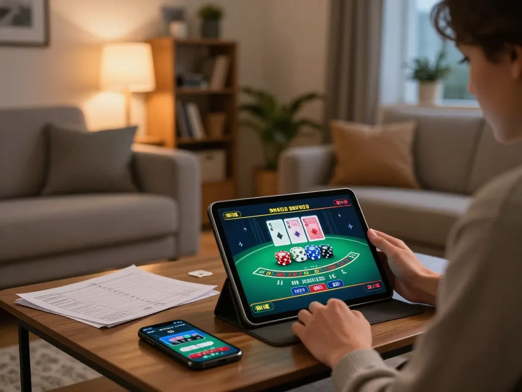 Engaging online blackjack gameplay at home with nk88 on tablet in cozy setting.