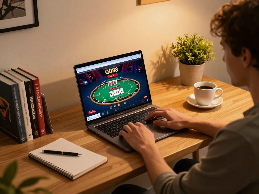 Engaged player at home using QQ88 platform for online poker, showcasing responsible gaming.