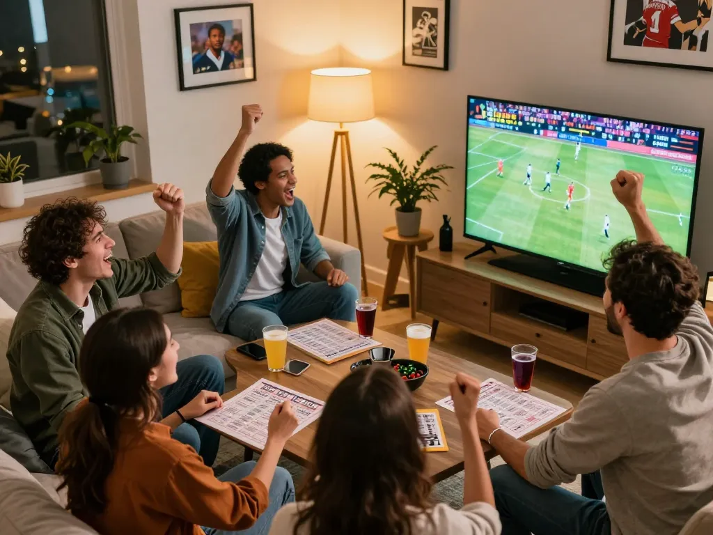 The sports betting celebration scene showcases thể thao mb66 with friends cheering for their winning bets together in a cozy living room.