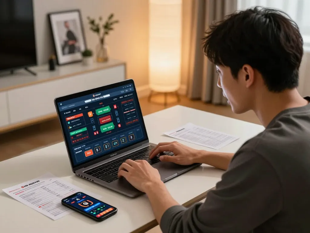 Betting on keo nha cai using a laptop, showcasing excitement in an organized home setup.