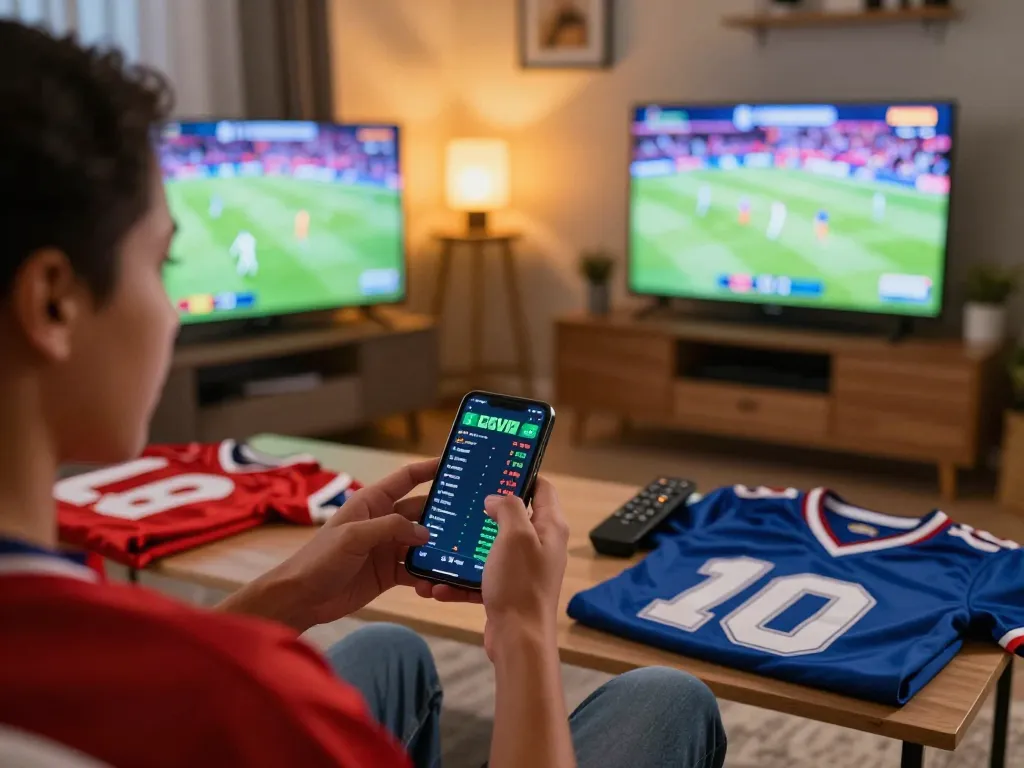 Engaging with ABC999 plataforma through live sports betting on smartphone in a lively home setting.