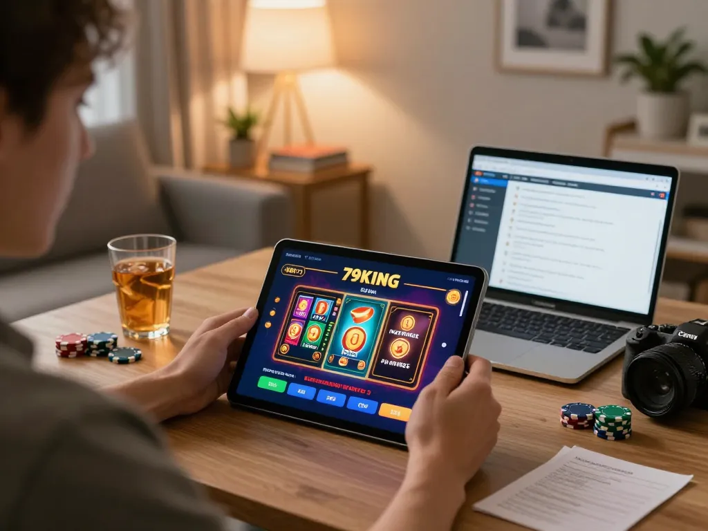 Experience thrilling gameplay with 79KING in a cozy home setup featuring an engaging online casino app.