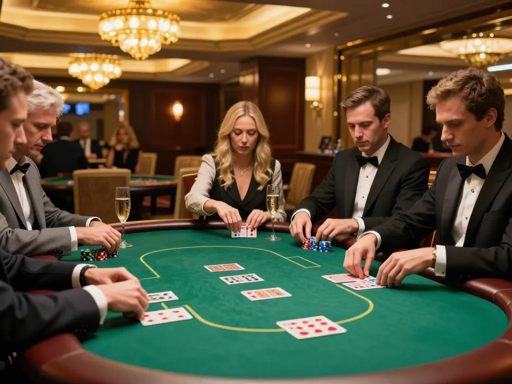 Players strategizing wins at 68win's exclusive poker table in a vibrant casino.