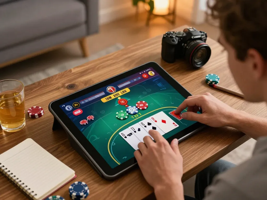 Active player exploring 33win virtual poker game on tablet in cozy home setting.