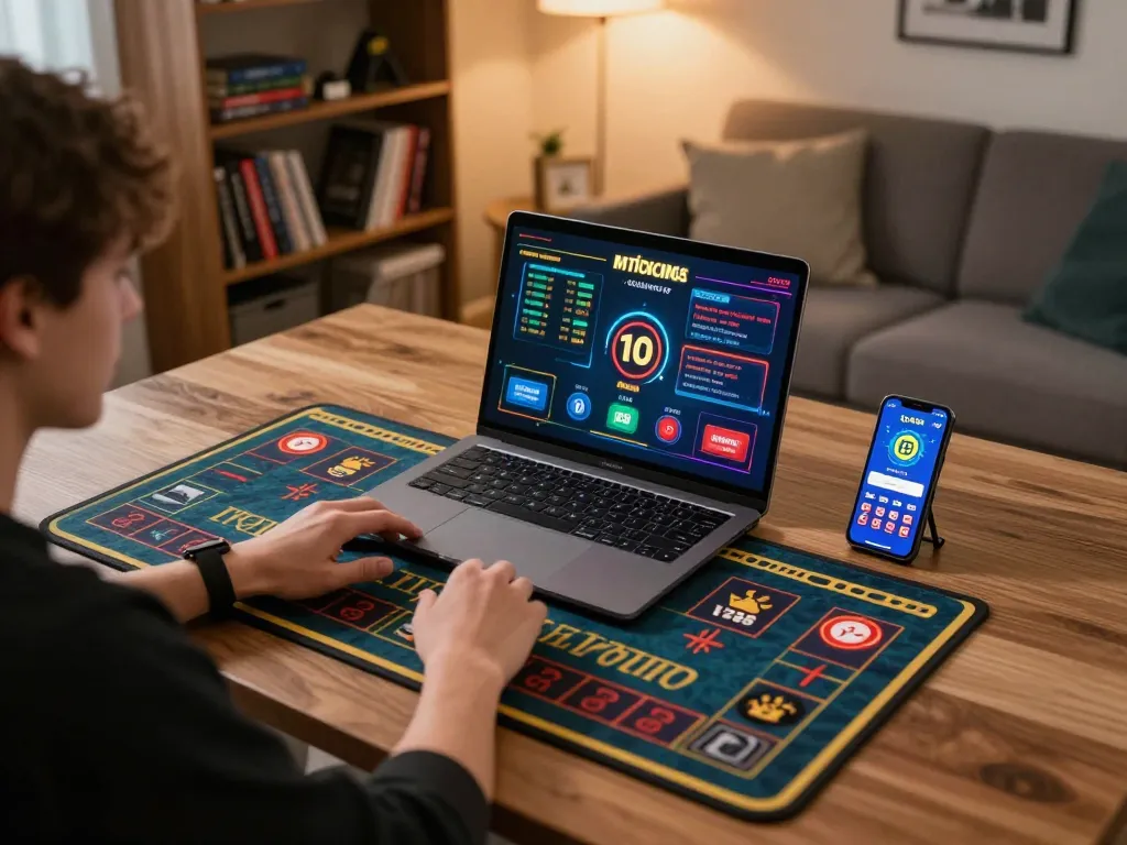 Engaging in online gaming at lv88 casino with a laptop and smartphone in a cozy home setting.