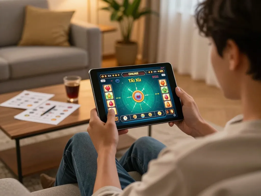 Engaging in Tài Xỉu gameplay on a tablet in a cozy home setting, highlighting responsible gaming.