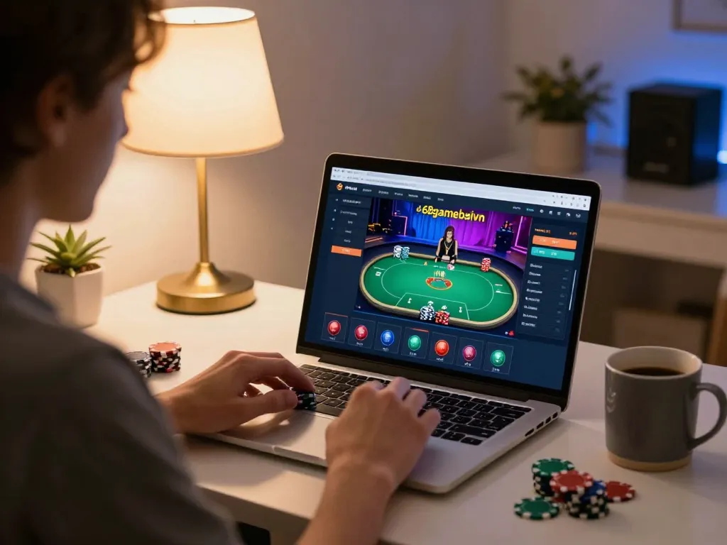 Engaged player strategizing at home on 68gamebaivn poker, showcasing immersive gaming.