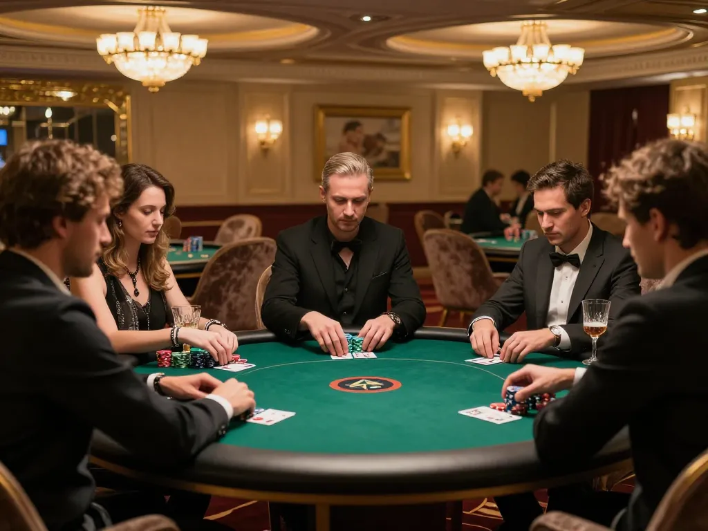 Sky88 uy tín poker players strategizing their next move in an upscale casino setting