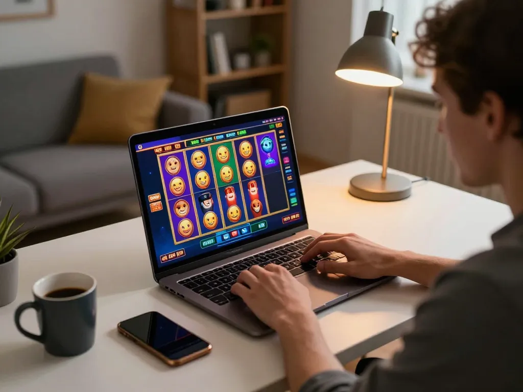 Player enjoying Lv 88 online slot games on a laptop in a cozy home office
