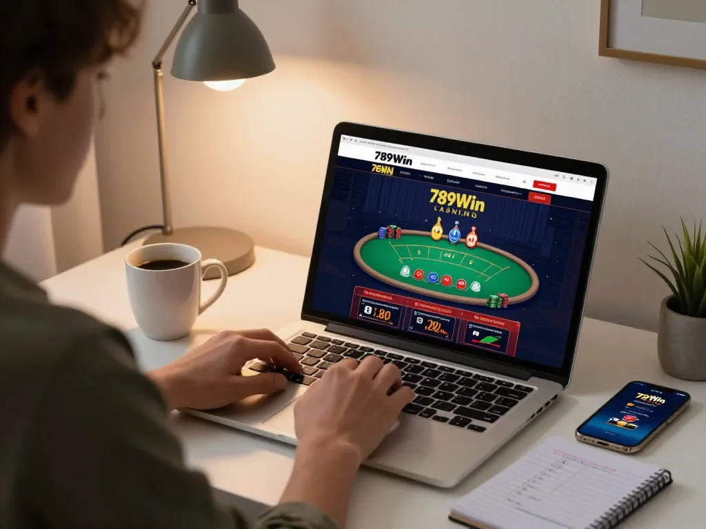 Engaging moment of a player enjoying a live dealer game on 789Win's platform from a cozy home setting