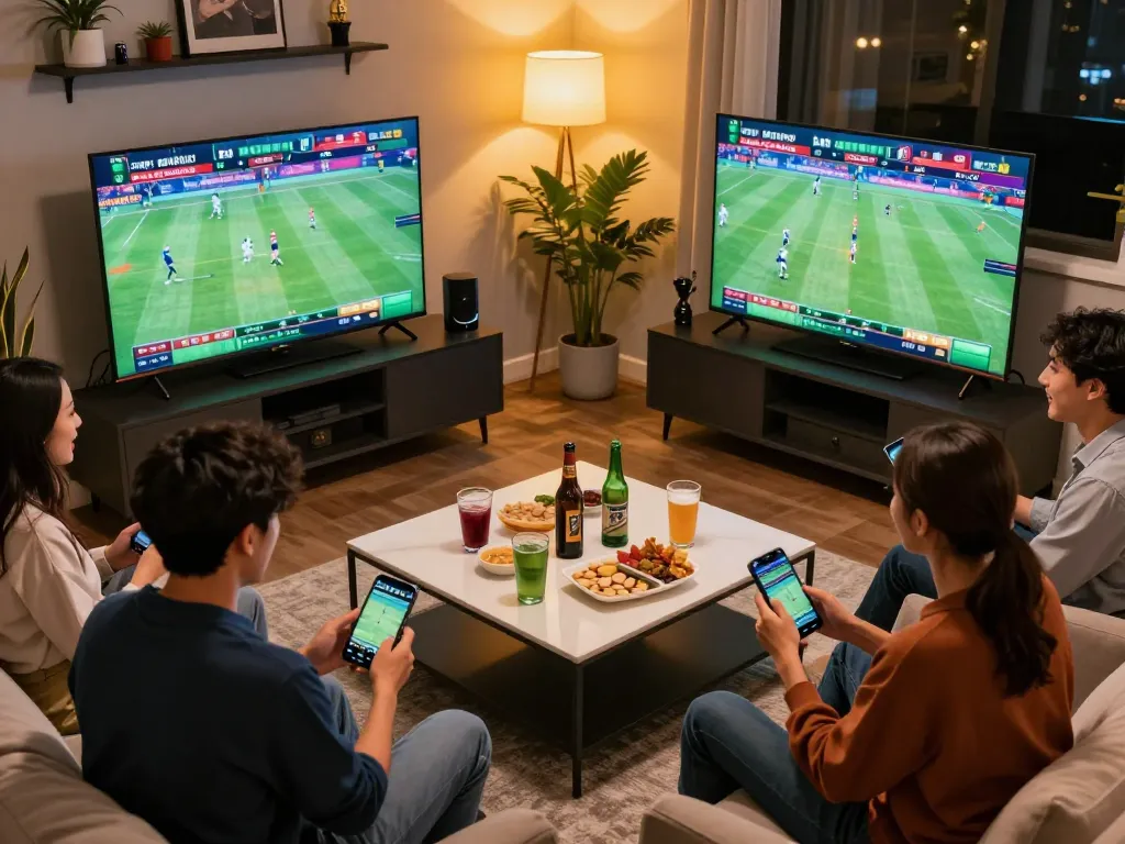 Friends engaging in sports betting with VA88 mobile apps, lively atmosphere during live matches