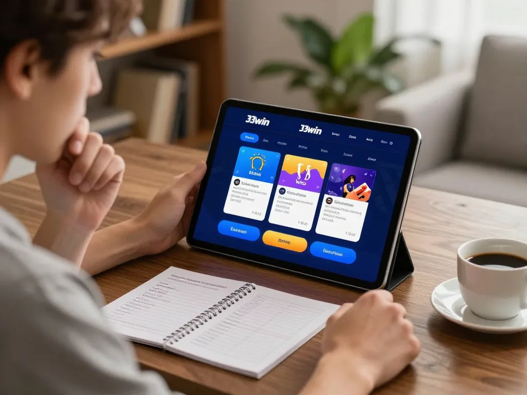 Player exploring 33win online gaming platform in a cozy home setting with strategic notes visible.