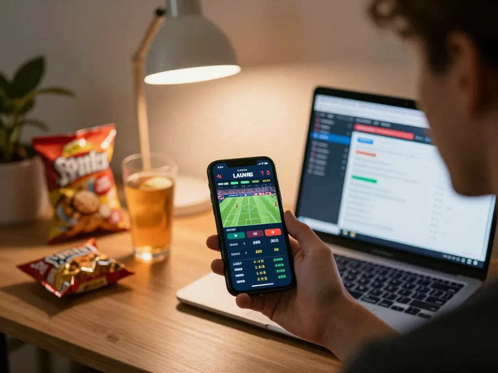 Placing strategic bets on 68win using a smartphone in a cozy home office.